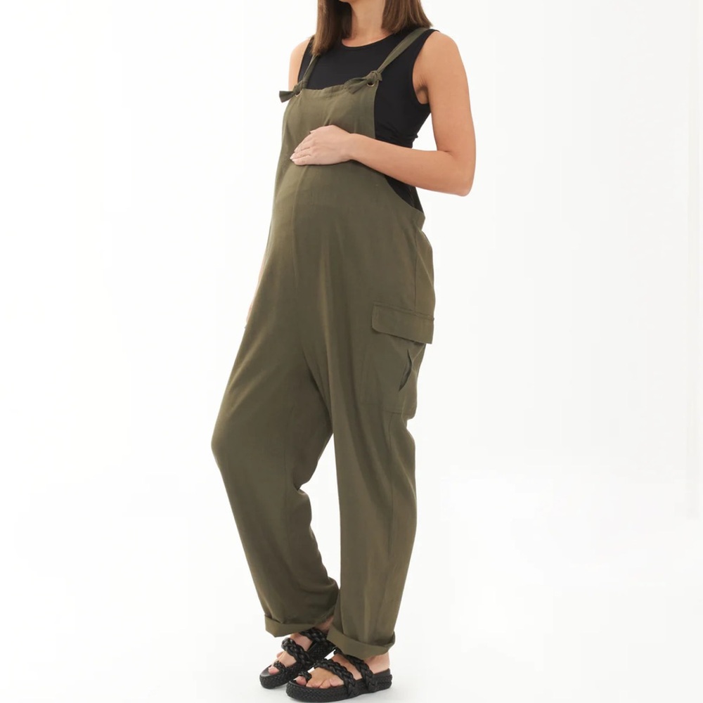 Ripe Cargo pockets linen Olive Green Maternity Jumpsuit with Adjustable Straps S